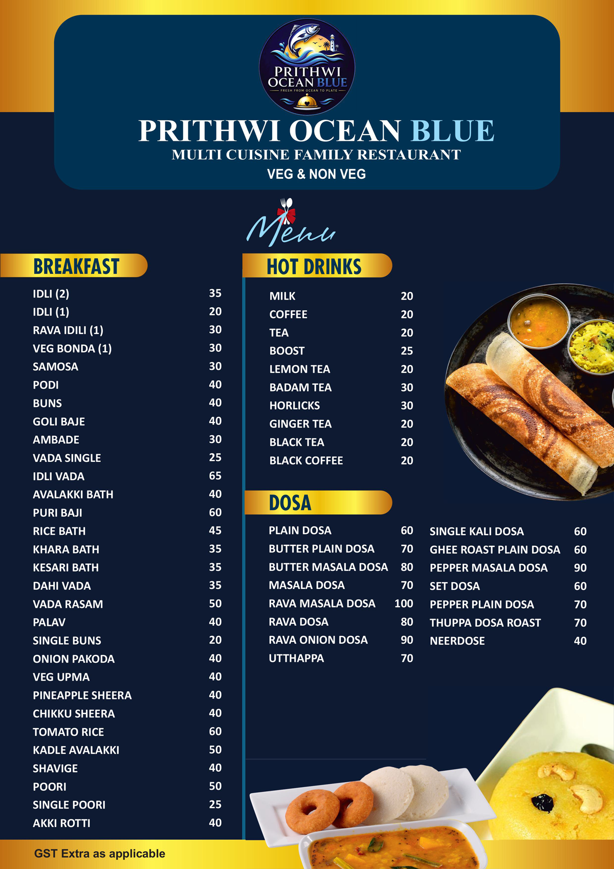 Prithwi Ocean Blue Menu